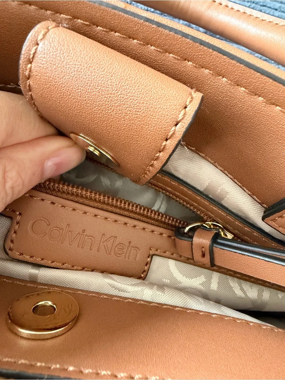 Calvin Klein Tan and Cream Signature Satchel with Shoulder Strap